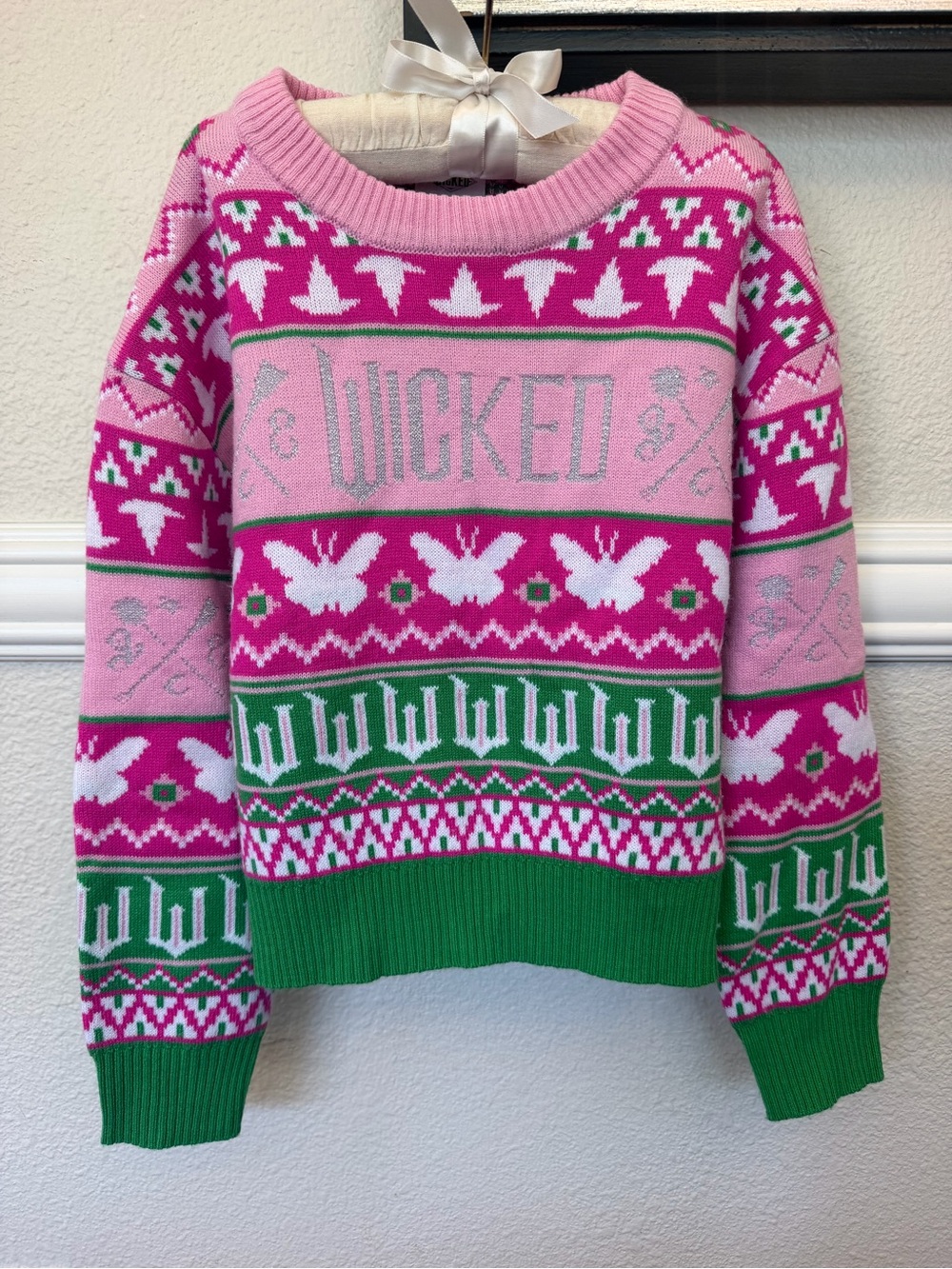 Kids Pink & Green Metallic WICKED Sweater - Holiday Fair Isle Print- Size S 6/6X